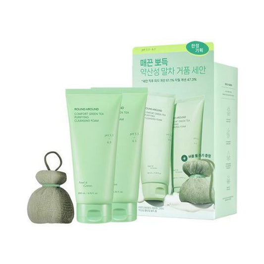 Comfort Green Tea Purifying Cleansing Foam 200ml+200ml+Matcha Bubble Ball (Double SET), ROUND AROUND ROUND AROUND Cleansing Foam