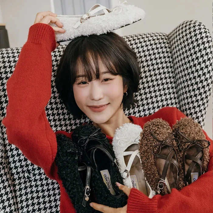 [mac moc] Ppagle Heart-Decor Mary Jane Fur Flats mac moc Flat Shoes