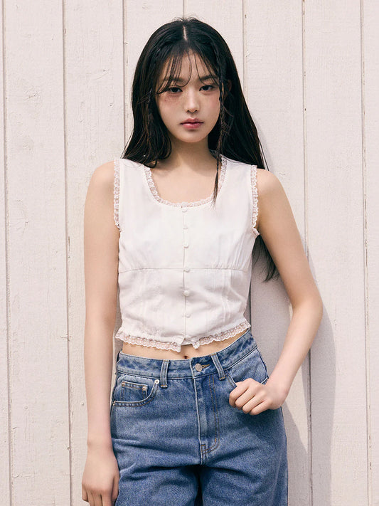 rolarola LACE CROP SLEEVELESS BLOUSE WHITE (Jang Wonyoung WAER) rolarola Sleeveless Blouse